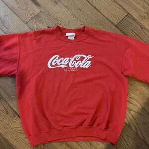 Coca-Cola Atlanta Crewneck Spell Out Sweatshirt Red L Vintage Embroidered